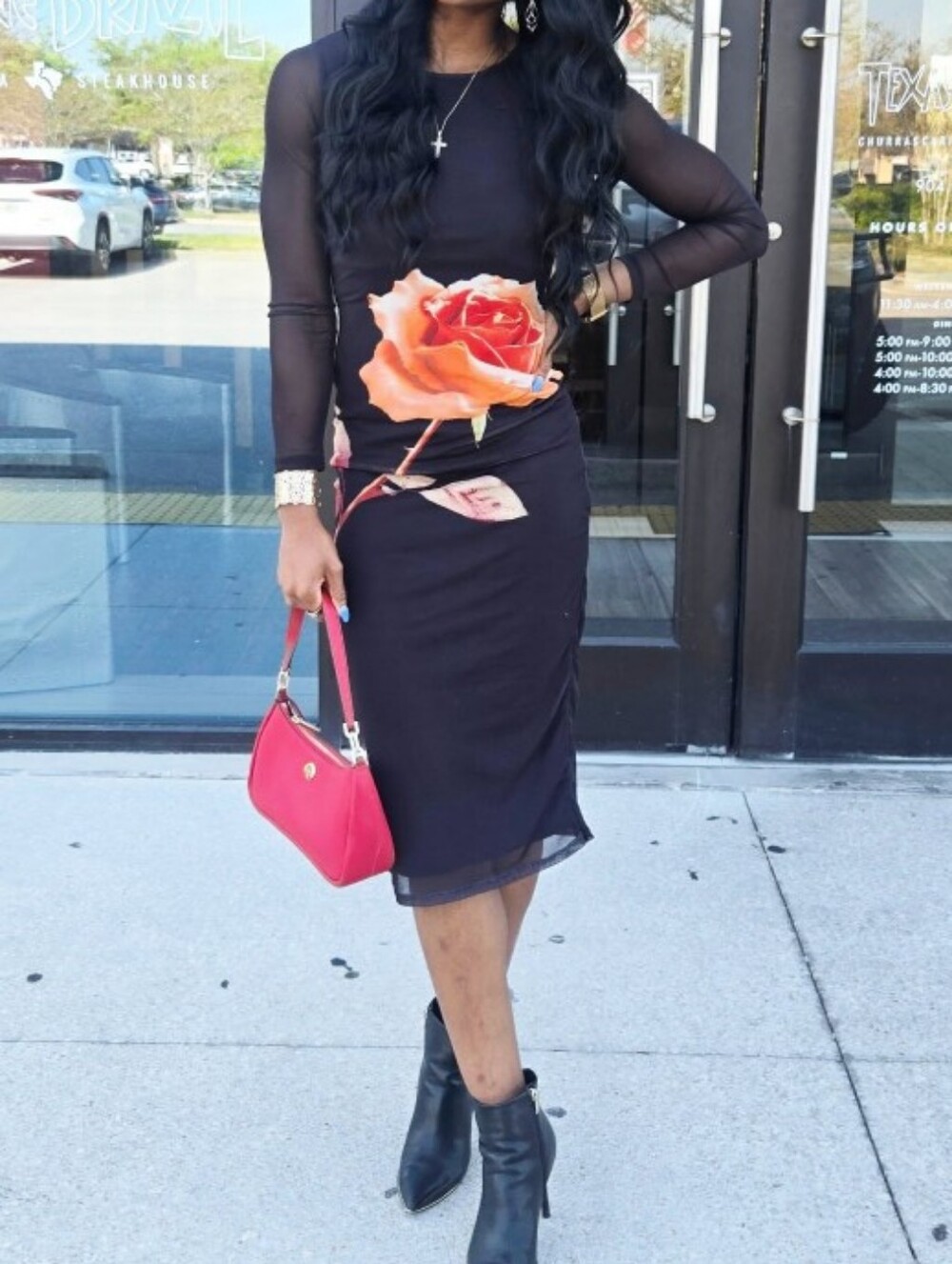 NWOT Almost Famous Black Long Sleeve Bodycon Maxi Dress with Orange Rose